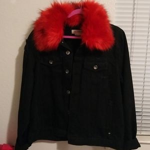 Red Fur Black Jean Jacket